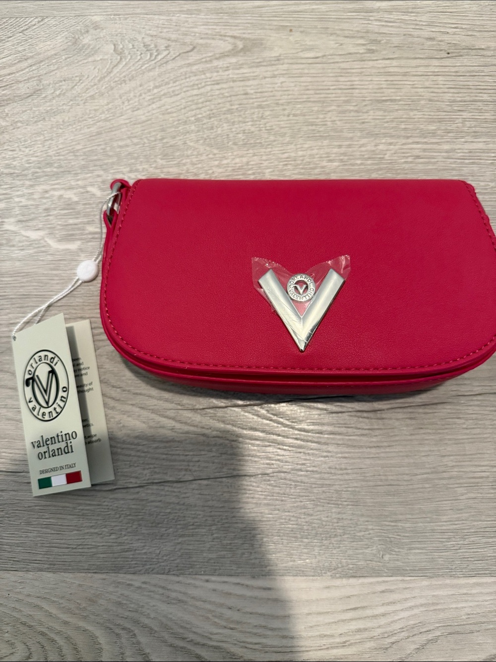 Valentino Orlandi Hot Pink Leather Wristlet Clutch with Silver V Logo